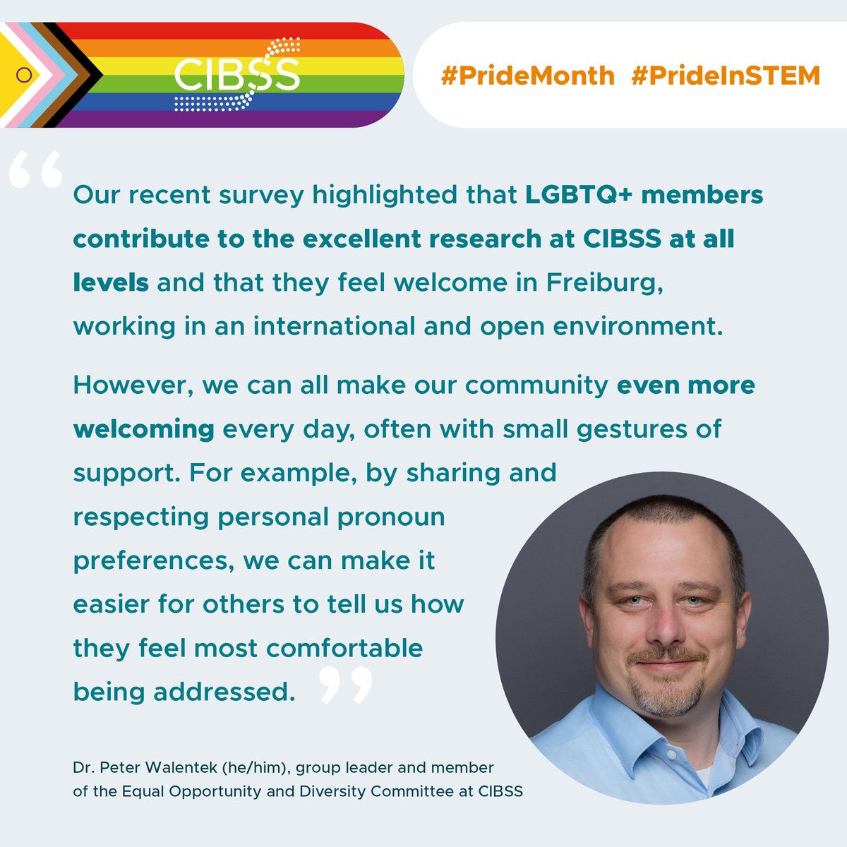 CIBSS (@cibss_unifr) on Twitter photo It is #PrideMonth! We will be using the Pride flag in our profile picture throughout the month of June to celebrate the diversity in CIBSS and #STEM.
Peter Walentek <a href="/WalentekLab/">Peter Walentek</a>, member of our Equal Opportunity and Diversity Committee, knows that small gestures like this matter: It is #PrideMonth! We will be using the Pride flag in our profile picture throughout the month of June to celebrate the diversity in CIBSS and #STEM.
Peter Walentek <a href="/WalentekLab/">Peter Walentek</a>, member of our Equal Opportunity and Diversity Committee, knows that small gestures like this matter: