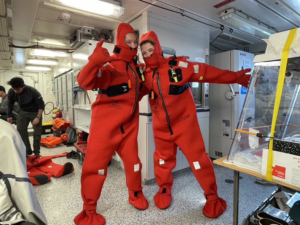 SciencebytheSea's tweet photo. Life at Sea comes with risks and rewards. The scientists participated in Gumby Suit drills after we boarded the #rvsallyride earlier this week. The water temp in our area of research is 9*C/48*F. A Survival Suit is a necessity though, hopefully, not needed during our cruise. https://t.co/z9ogV6wfDl
