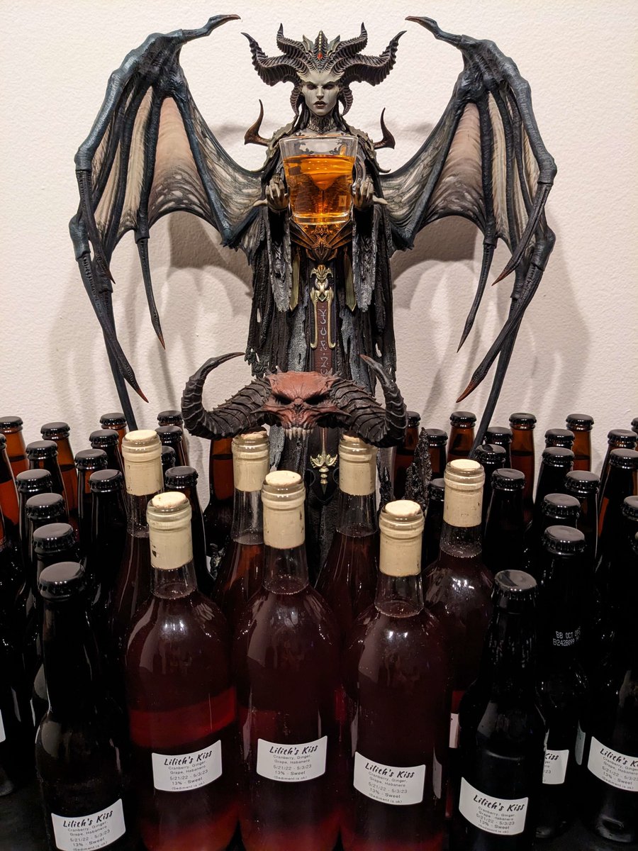 Hildogen's tweet photo. A year ago I started a batch of mead in preparation for the launch of #DiabloIV.

A mix of cranberry, grape, ginger, and habanero.  

Sweet, tart, and a bit of burn.

Introducing: "Lilith's Kiss" 

#Diablo4 #Blizzard #blizzlife https://t.co/3ub4ln0gFc