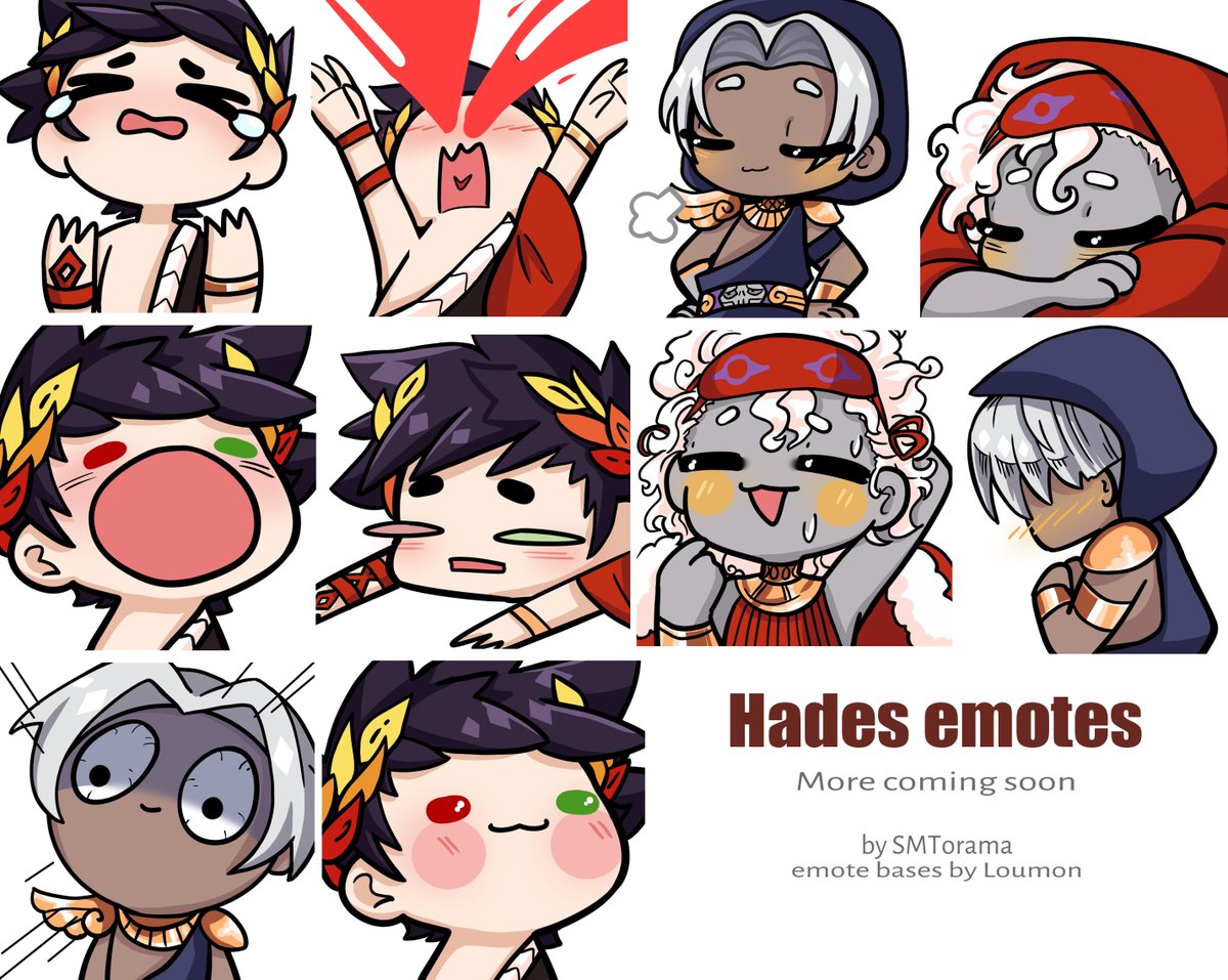 I'm working on making some Hades game emotes, I'll do 10 more next week, and 10 again the week after then release them fullsize in a zip file for personal uses! Bases by the lovely @Takiimikiku
