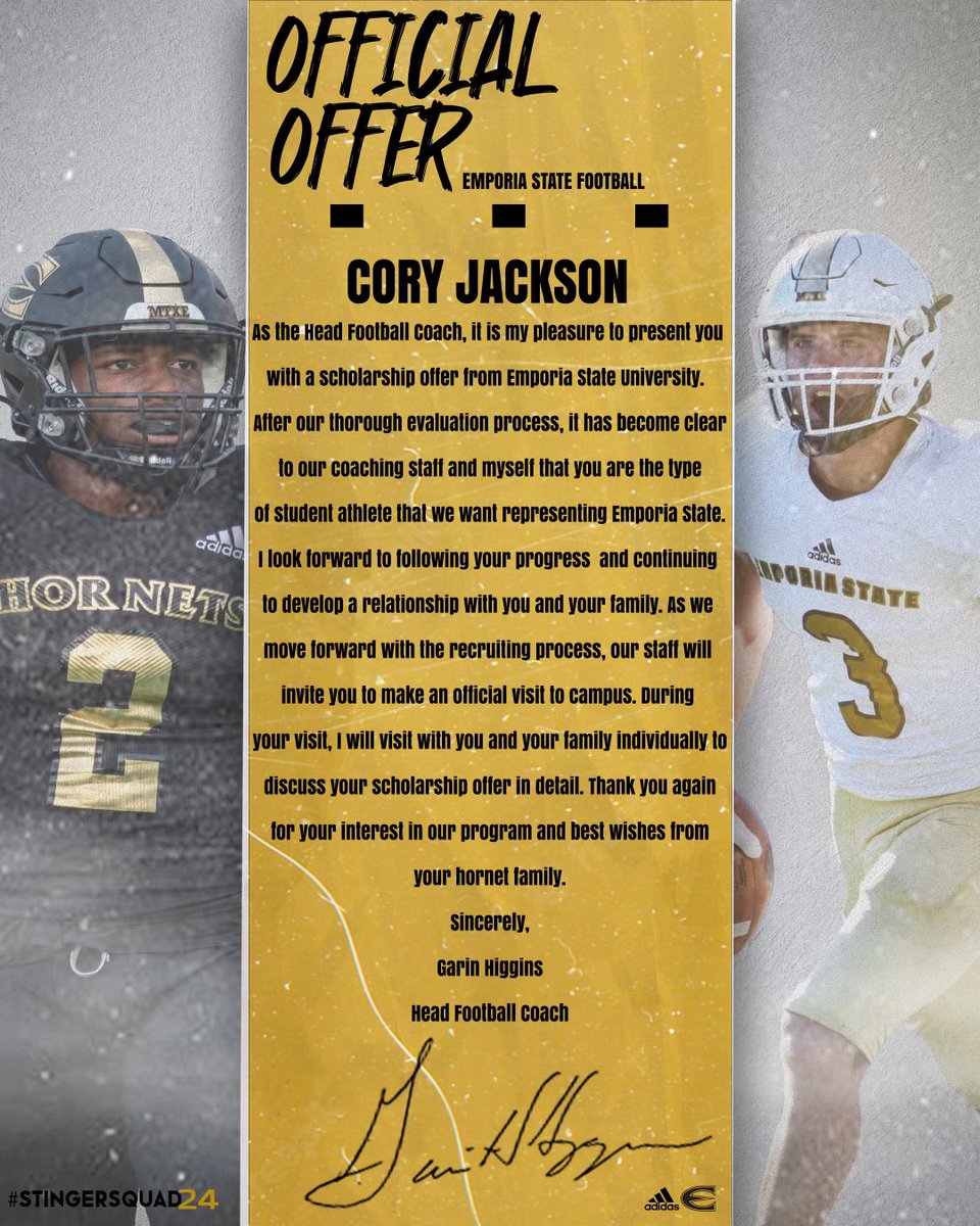 Cory Jackson (@coryjacksonn) on Twitter photo #AGTG After an amazing conversation with <a href="/CoachGHiggins/">Coach Higgins</a> & <a href="/CoachGoodman66/">Daniel Goodman</a> I am blessed to receive my 2nd offer from Emporia State University!🐝
<a href="/MikeSchmittFB/">Hurricane Football</a> <a href="/CoachThomas04/">Coach Thomas</a> #AGTG After an amazing conversation with <a href="/CoachGHiggins/">Coach Higgins</a> & <a href="/CoachGoodman66/">Daniel Goodman</a> I am blessed to receive my 2nd offer from Emporia State University!🐝
<a href="/MikeSchmittFB/">Hurricane Football</a> <a href="/CoachThomas04/">Coach Thomas</a>