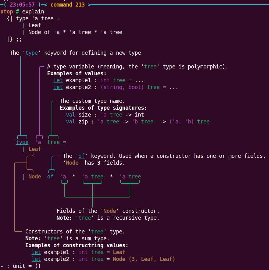 ChShersh's tweet image. A really cool idea for REPL:
The 'explain' command that takes a piece of code and describes its every part in a beginner-friendly way.
I don't recall any programming language doing this.
Here's my prototype for OCaml 👇
What do you think?
