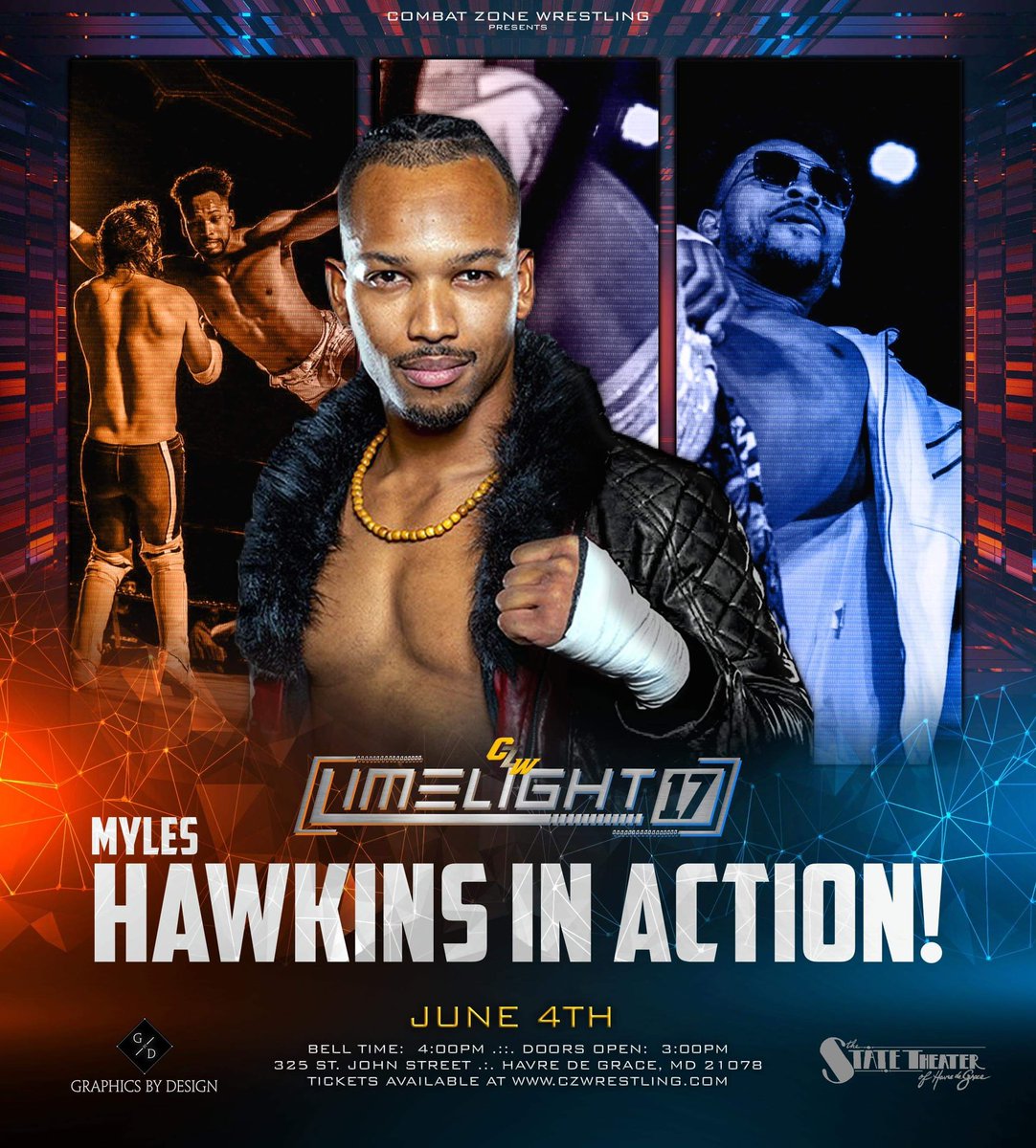 #CZWLimelight17 UPDATE

MYLES HAWKINS will be in action!

Coming off of an impressive showing at #CZWBOTB, what does he have in mind?

Tix: eventbrite.com/e/560697460197

CZW presents “Limelight 17
Sunday, June 4th
🛎️ 4pm, 🚪 3pm
325 St. John St, Havre de Grace, MD