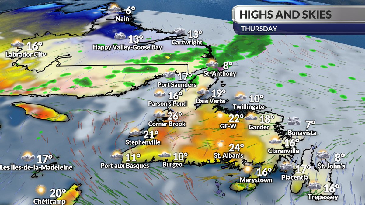 High 20s to mid 30s forecast in most of the Maritimes on Thursday. Another dry day except some pop-up showers/storms in New Brunswick. It will also be unseasonably warm for parts of central/western Newfoundland. #NSwx #NLwx #NBwx #PEwx