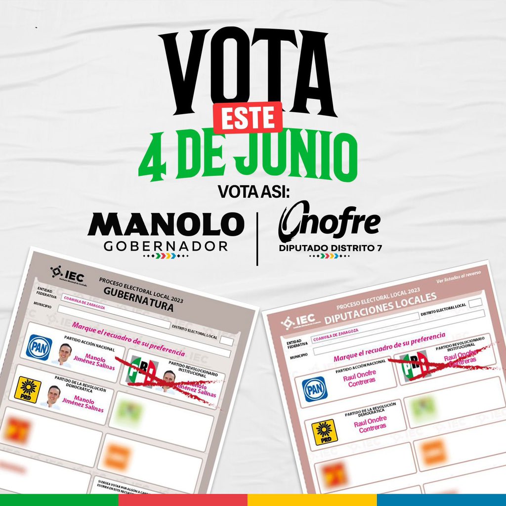 Este 4️⃣ de Junio Vota ❌ Por ️ #ManoloGobernador y #OnofreDiputado 

#Distrito7✅   #OnofrePaDelante➡️      

<a href="/PRICoahuila/">PRI COAHUILA</a> <a href="/rigofuentes/">RodRigo Fuentes Ávila</a>