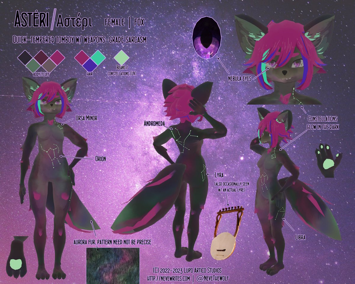 NeveTheWolf's tweet photo. Been working on this avatar/sona for a while, but finally got around to making an official "ref."  My current obsession with the lyre may have bled into her character design.

I have a bunch of gorgeous galaxy-colored fur for her already; hopefully will have a suit ready for AC! https://t.co/heksMS62q8