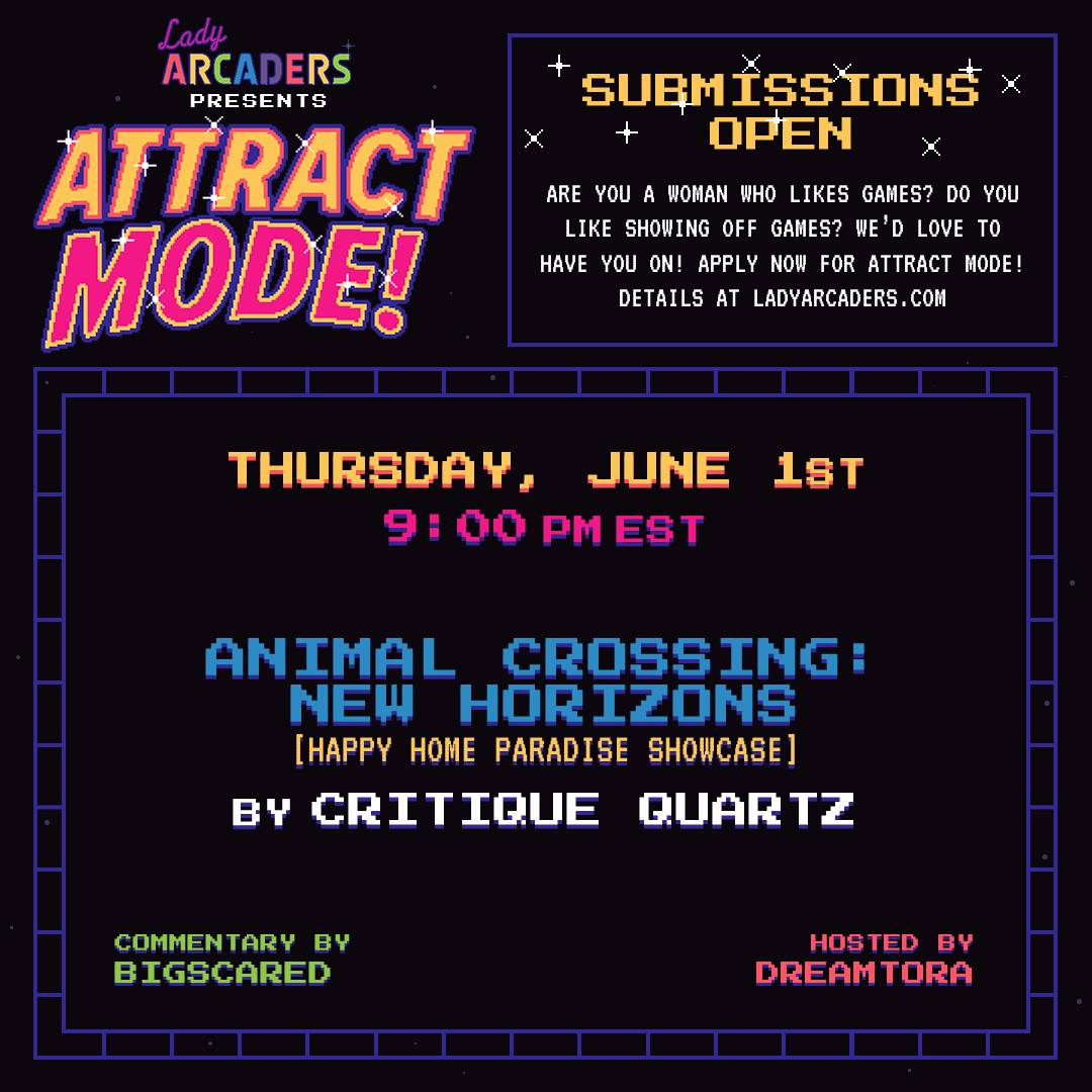 THURSDAY'S ATTRACT MODE!

Host @DreamTora & buddy @ImBigScared are touring the fancy vacation homes @critiquequartz has designed in #AnimalCrossing: New Horizons' Happy Home Paradise DLC! Come find your next home away from home! 🏠

twitch.tv/ladyarcaders 🏝️

#WomenInGaming