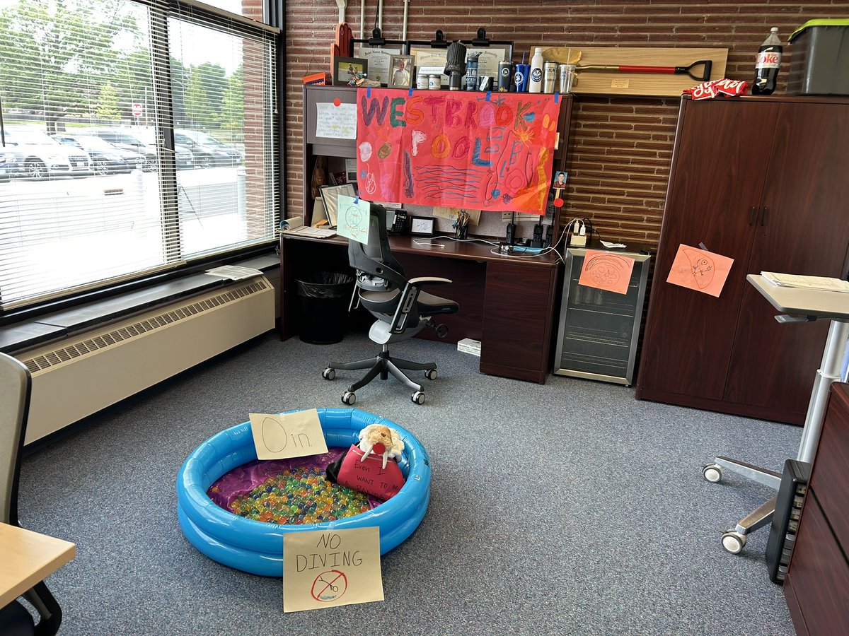 @D34Preschool students have been dreaming about a pool at @WestbrookD34 since our building study several months ago. Thanks for being such a good sport, @phoeft34! Hope you enjoyed the surprise “pop up” pool in your office! #WeAreD34