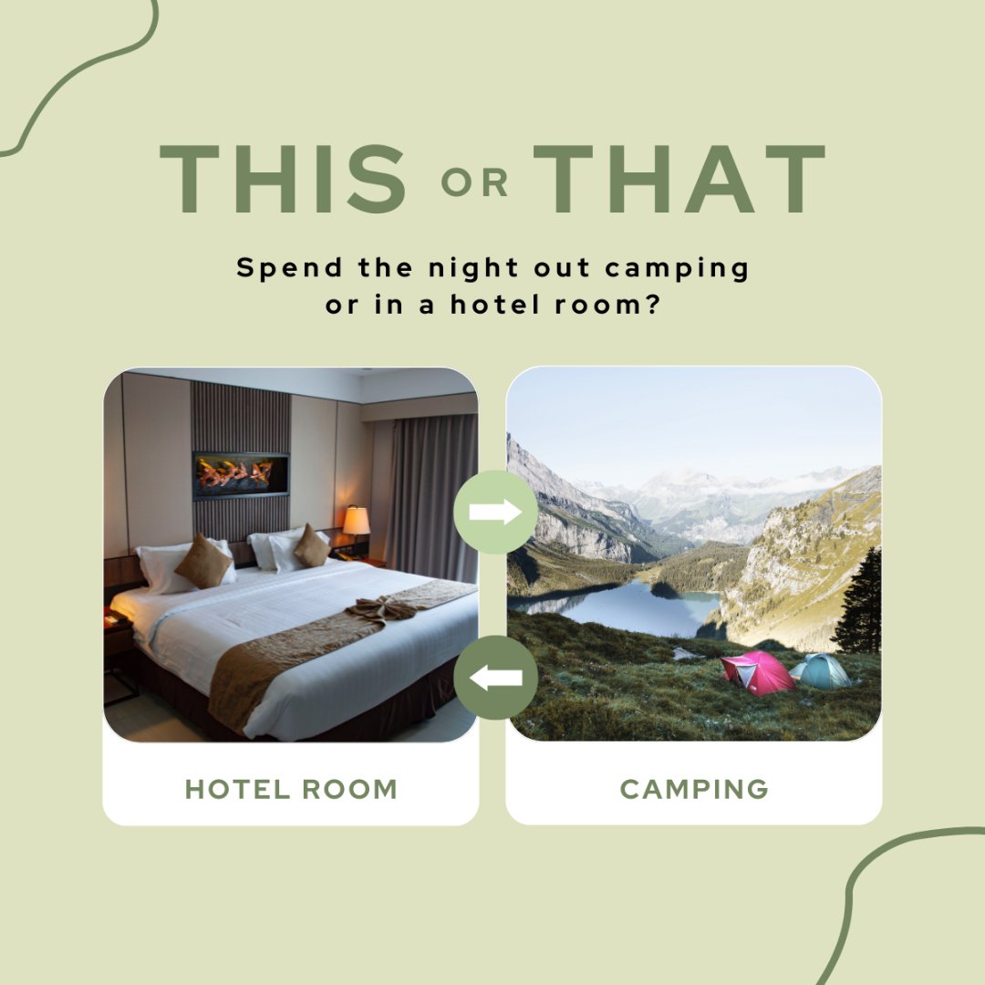 Travel season is in full swing. Where do you prefer to spend the night, out camping or in a hotel room?

#thisorthat #camping #campingtrip #hotel #hotelluxury #hotelstay #wouldyourather