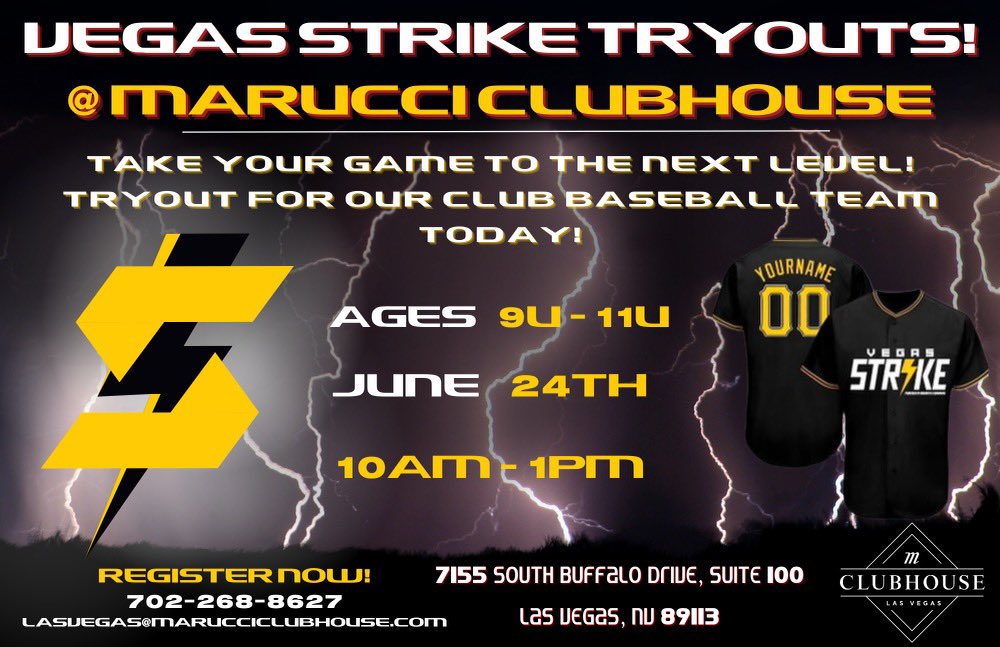 ⚡️Vegas Strike Baseball, powered by Marucci Clubhouse, begins on June 24!⚡️
Register now and earn your chance to play for proven coaches, practice in an elite facility, and develop as a leader on the field and in life.
Register today for 9U, 10U and 11U tryouts!
#VegasStrike ⚡️
