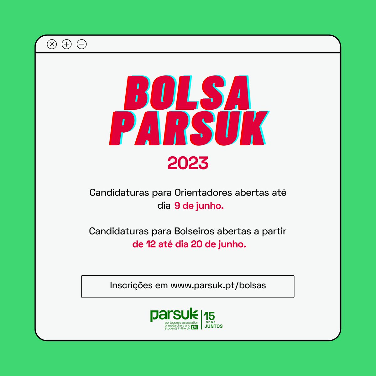 PARSUK_'s tweet image. As Bolsas PARSUK estão de volta para o ano de 2023!🤩

Candidaturas para orientadores abertas a partir de hoje até dia 9 de junho.

Candidaturas para bolseiros abertas a partir de dia 12 de junho até dia 20 de junho.

+ info em parsuk.pt/bolsas