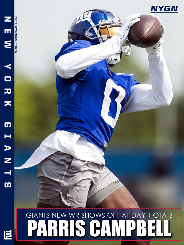 NYGN4x's tweet photo. 0⃣ #NYGiants WR @PCampbell21 turned heads at D1 OTA's. "Parris Campbell was a frequent target of QB @Daniel_Jones10. He is great at gaining yards after the catch. The Giants are going to try to take advantage of those skills," wrote John Schmeelk. #NYGN #BlueCardMember https://t.co/xcD3J5E0HW
