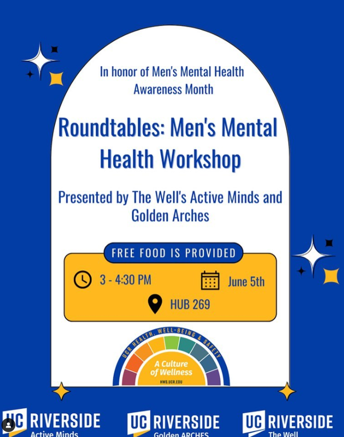 Interested in Men's Mental Health? Join The Well on June 5 from 3 - 4:30 Pm at Hub 269 and learn