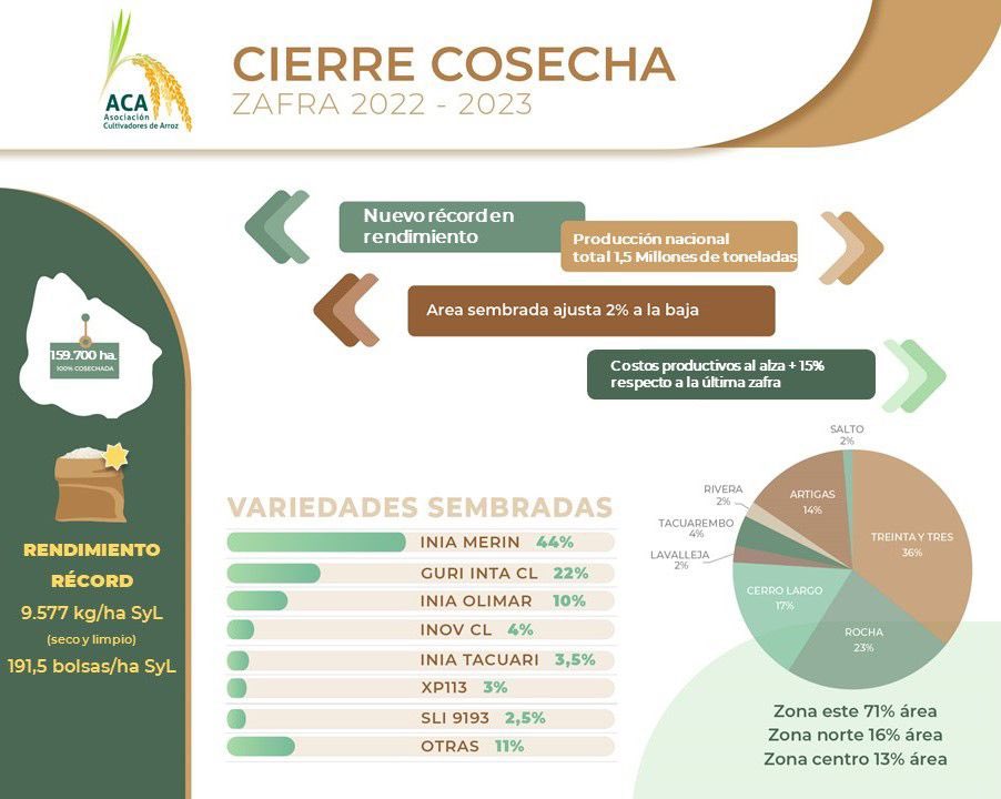 𝐂𝐨𝐬𝐞𝐜𝐡𝐚 𝐀𝐫𝐫𝐨𝐳 𝟐𝟐/𝟐𝟑 🇺🇾

🌾 Culmina la zafra arrocera y se concreta un nuevo récord en productividad.

🌾 El rendimiento promedio nacional alcanzó los 9.577 kg/ha equivalentes a 191,5 bolsas secas y limpias. 

🌾 Producción total nacional: 1,5 millones tt

ℹ️👇🏻