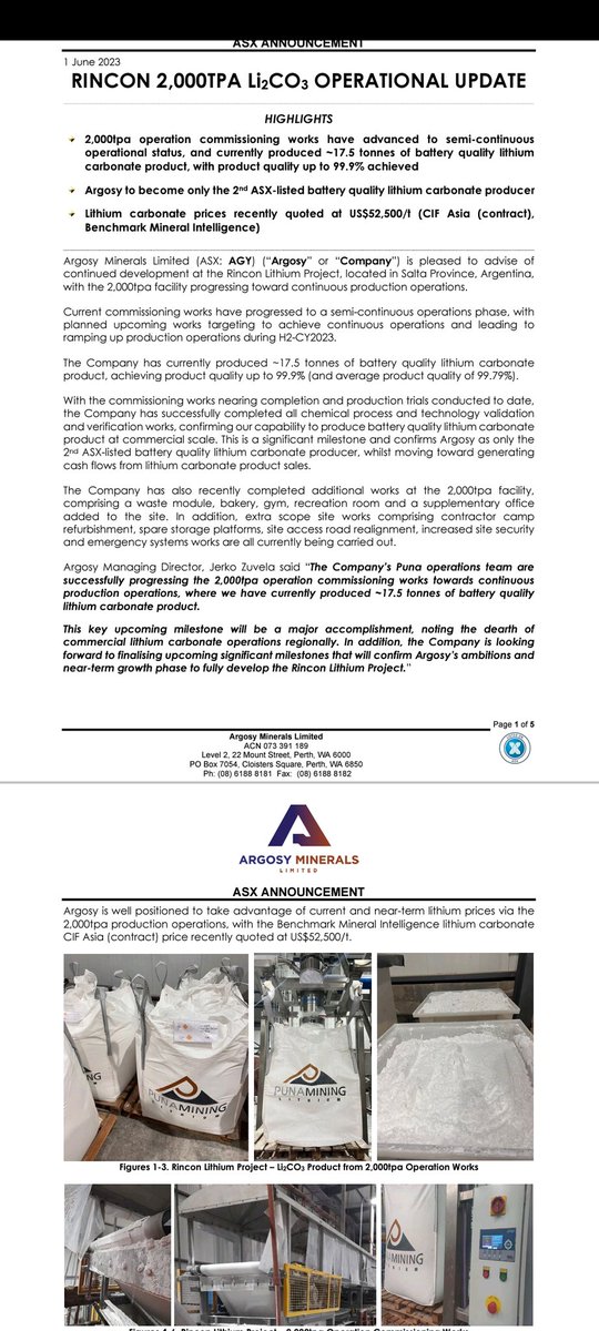 $AGY commissioning & ramp-up toward continuous production from our 2ktpa operation at Rincon. Produced ~17.5t BQ Li2CO3 product to date @ up to 99.9% purity. Super specialised chemical processing technology✅️ Only 2nd ASX listed producer✅️ Upcoming key milestones in progress.