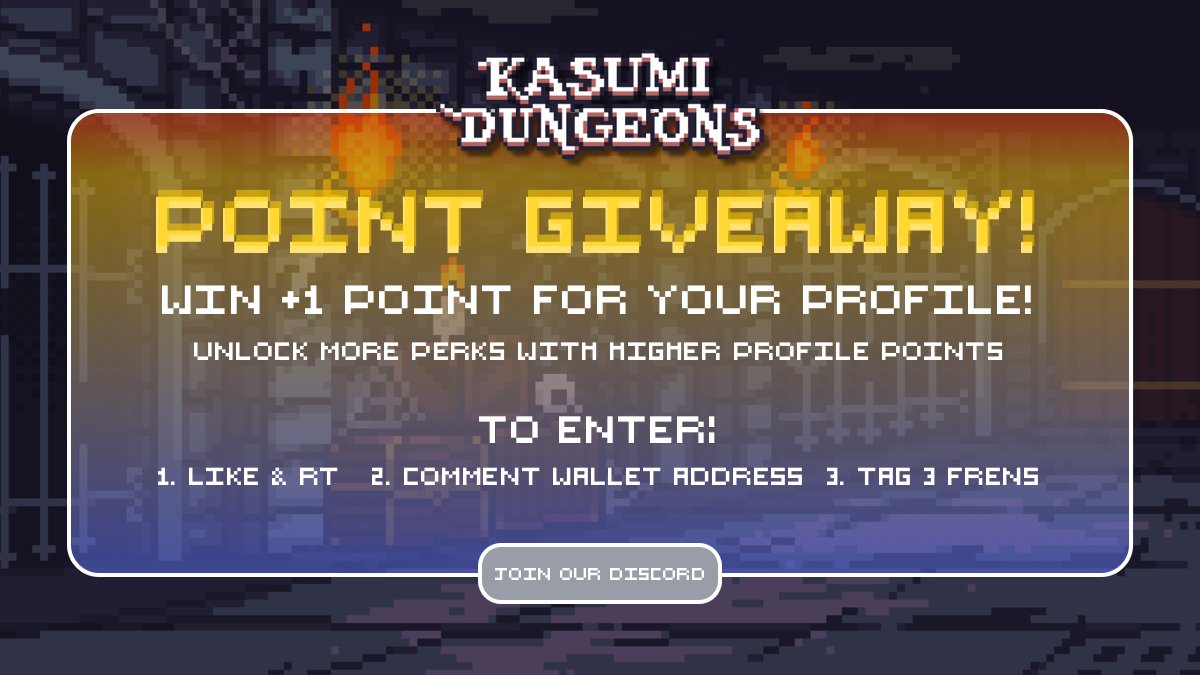 8hr Flash Giveaway! 🔮
🔔 ON!
Follow & RT to win a PROFILE POINT!⚡️

#Gaming #Gamers #Free2Play #F2P #KasumiDungeons
