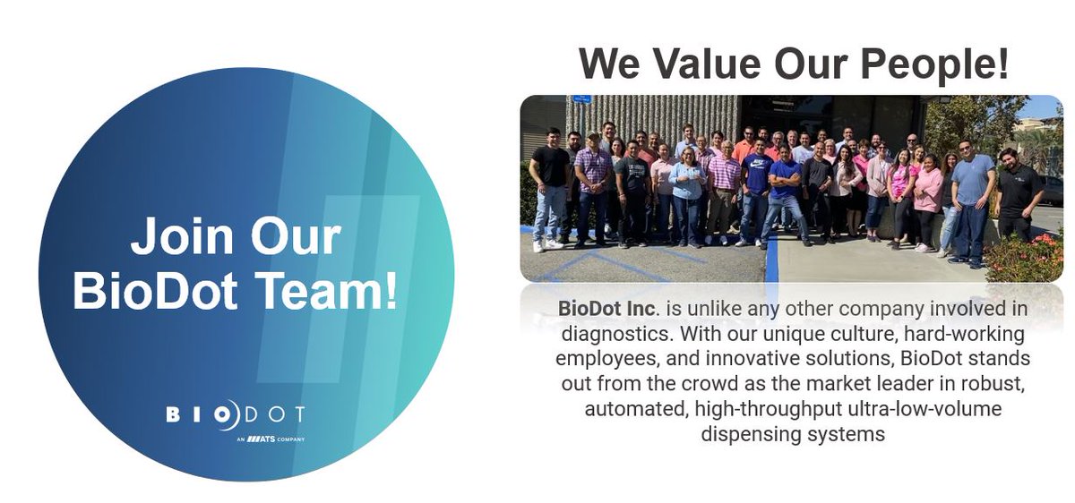 BioDotInc's tweet image. Join the BioDot team and advance with us!

We&apos;re hiring at BioDot, and we want skilled individuals like YOU to join our team.

Apply today! Visit our careers page at biodot.com/about-us/caree…

If you have any questions, please reach out to HR@biodot.com. 

#BioDot #ATSLSGroup