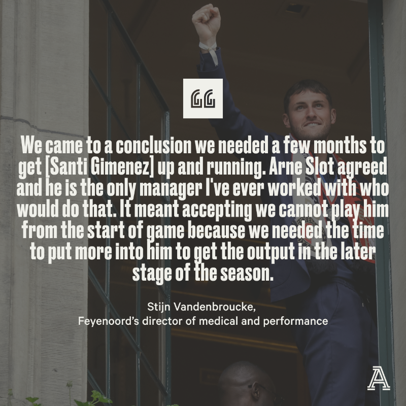 TheAthleticFC's tweet photo. As part of Feyenoord’s research into Santi Gimenez, the medical &amp; performance team screened his physicality.

His style of running was identified as a significant area for improvement.

Here's what they did next... ⤵️