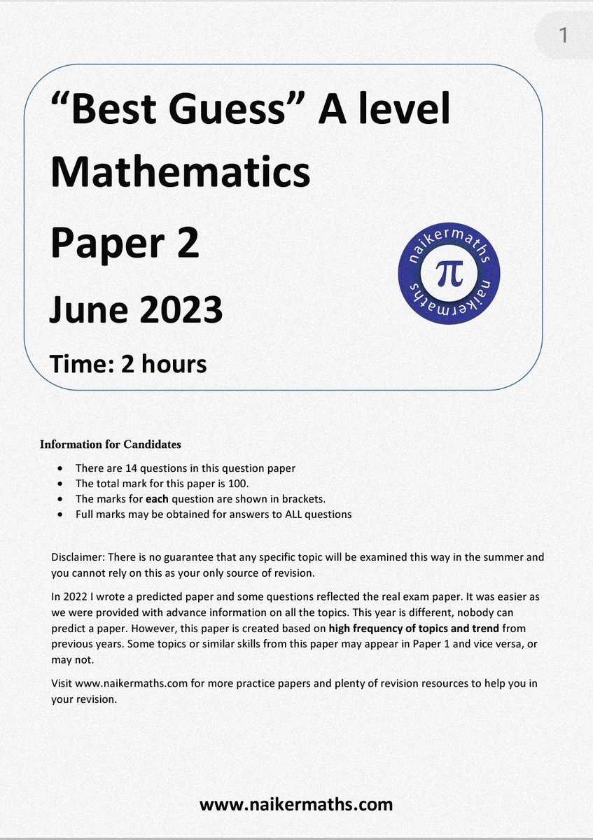 A level 'Best Guess' Paper 1 and Paper 2 June 2023 Exams have now been uploaded to the website. Feel free to share with students. Hope you find them helpful ☺️
Check it out
naikermaths.com/a-level-practi…