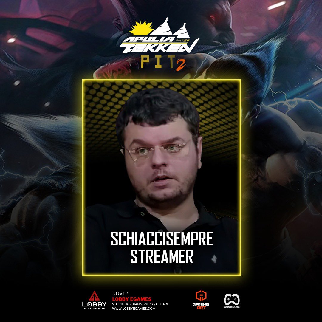 ApuliaTekk27704's tweet photo. IMPORTANT ANNOUNCEMENT 📣! 

A very important guest in the fighting game community joined us:
SCHIACCISEMPRE!

@schiaccisempre Official caster of the Apulia Tekken PIT TOURNAMENT II!

#tekken7 #lobbyegames #bari #twt2023 #tekkenworldtour #apuliatekken #fgc #caster #streamer https://t.co/3qLcgQJy6Z