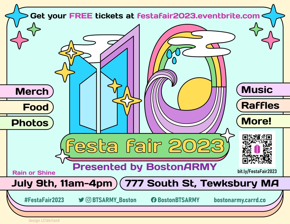 BTSARMY_Boston's tweet photo. Festa Fair 2023 🎉
📆 July 9th, 11am-4pm
📍 777 South St, Tewksbury MA

#FestaFair2023 will welcome ARMY at a NEW bigger location to celebrate #BTS10thAnniversary!!

Enjoy merch &amp; food, photo zones, music, raffles &amp; lots more!

Register for FREE tickets
🎟 https://t.co/ka2Y5L4d6Q https://t.co/WwWBEtHGOD