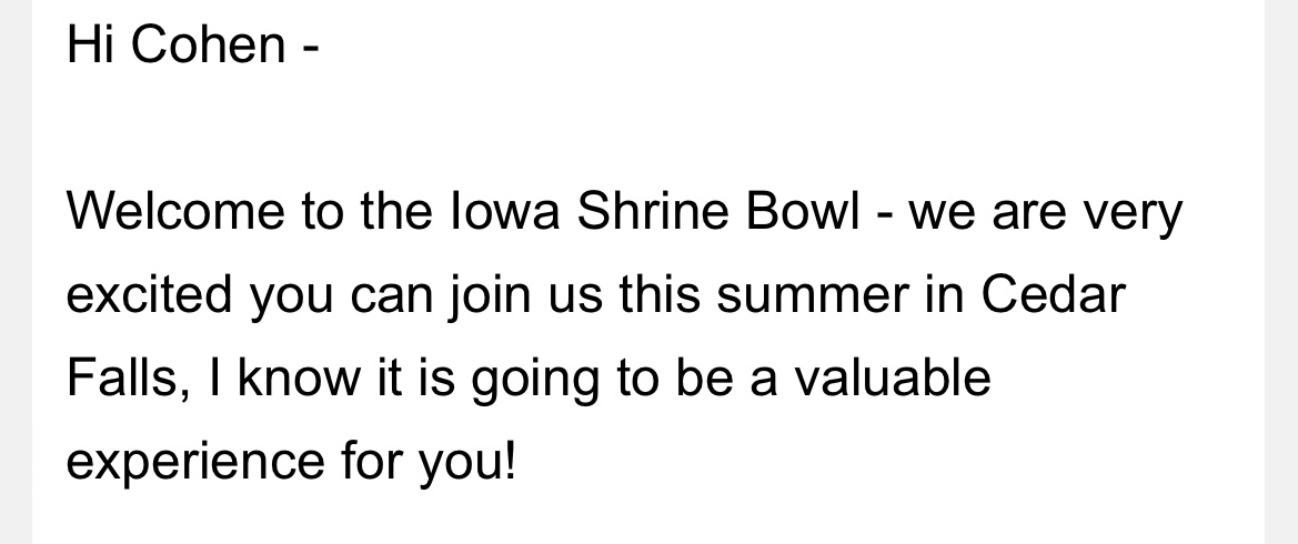 Cohen_Pfohl's tweet photo. Excited to be asked to play in the Iowa Shrine Bowl. One last HS game before the next level. @Casie52Lynn @Rpfohl1 @DBQSeniorRams @DBQSrFootball @Allenbt29 @CoachSheehan12 @RieseDraft @Ryan_Munz @UWPlattFootball @SoerZachary https://t.co/PlkIyczfwK