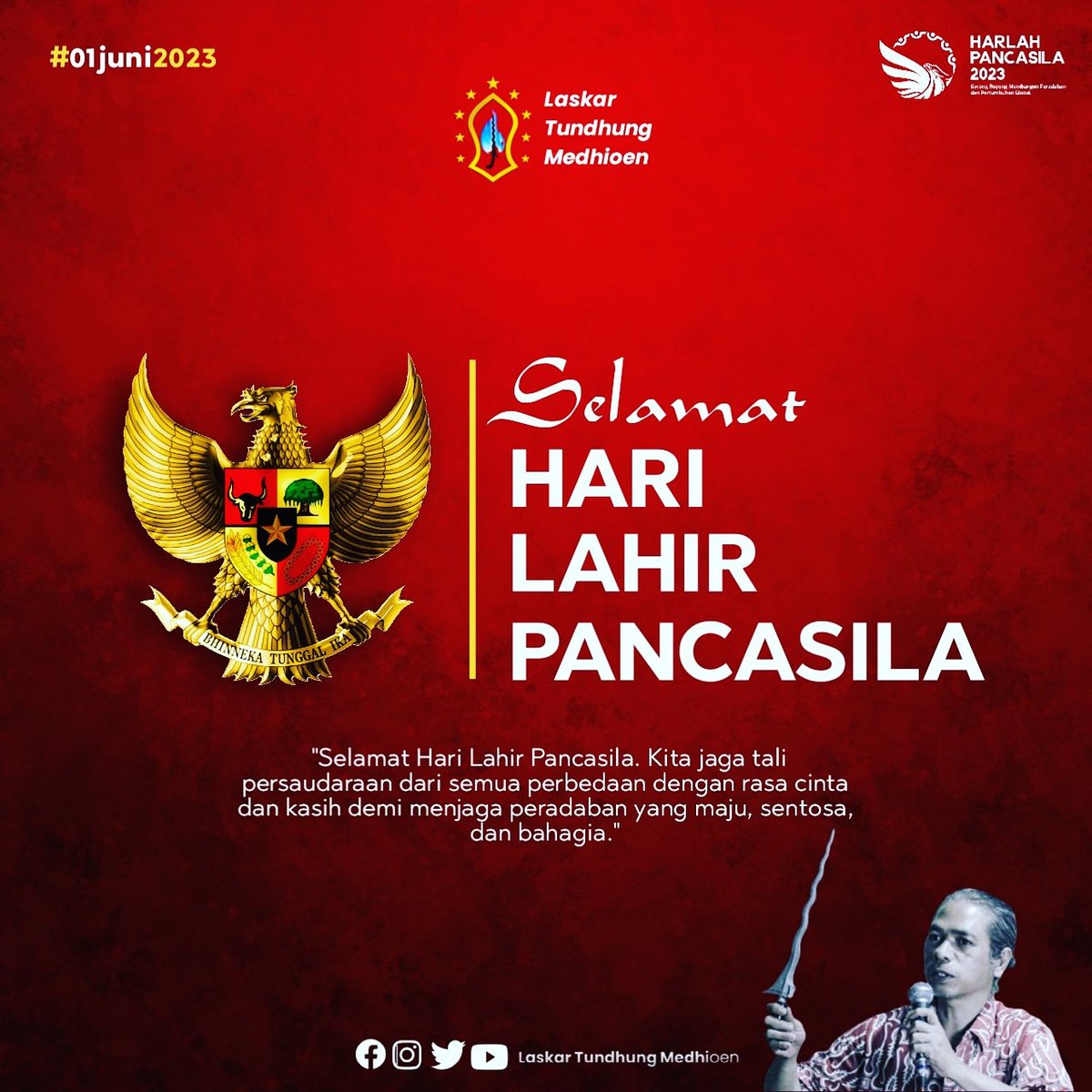 laskartundhung's tweet photo. Selamat memperingati Hari Lahir Pancasila
1 Juni 2023

Kita jaga tali persaudaraan dari semua perbedaan dengan rasa cinta dan kasih demi menjaga peradaban yang maju, sentosa, dan bahagia.

#laskartundhungmedhioen #harilahirpancasila #harlahpancasila #pancasila #bhinnekatunggalika https://t.co/1lv173yhuN