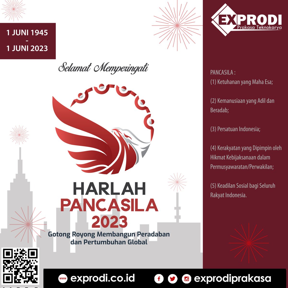 exprodiprakasa's tweet photo. Selamat Hari Lahir Pancasila (1 Juni 1945 - 1 Juni 2023), mari jaga persatuan dan kesatuan bangsa serta mempererat gotong royong untuk mencapai Indonesia Jaya!

#exprodi #ExprodiPrakasaTeknokarya  #harlahpancasila #pancasila https://t.co/YYTx5ZYr2E