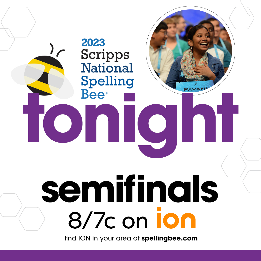 ScrippsBee's tweet photo. Are you ready to find out which spellers will compete for the Scripps Cup in tomorrow's Finals? The epic two-night conclusion to the 2023 Scripps National Spelling Bee begins tonight with the Semifinals at 8/7c on @iontv!

Find ION in your area: https://t.co/qpe5dJLwfJ https://t.co/qHEfKWEnHE