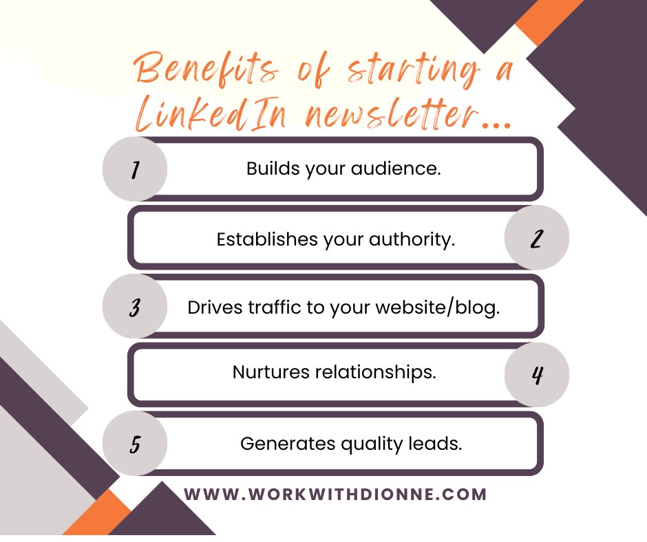 One of the most effective ways to leverage LinkedIn is by starting a newsletter. Are you writing LinkedIn articles? Let me know.😊 

#brandmessagingmaven #alignandshine #brandmessaging #personalbranding #personalbrandstrategy #Linkedintips #linkedinprofile #linkedinstrategy