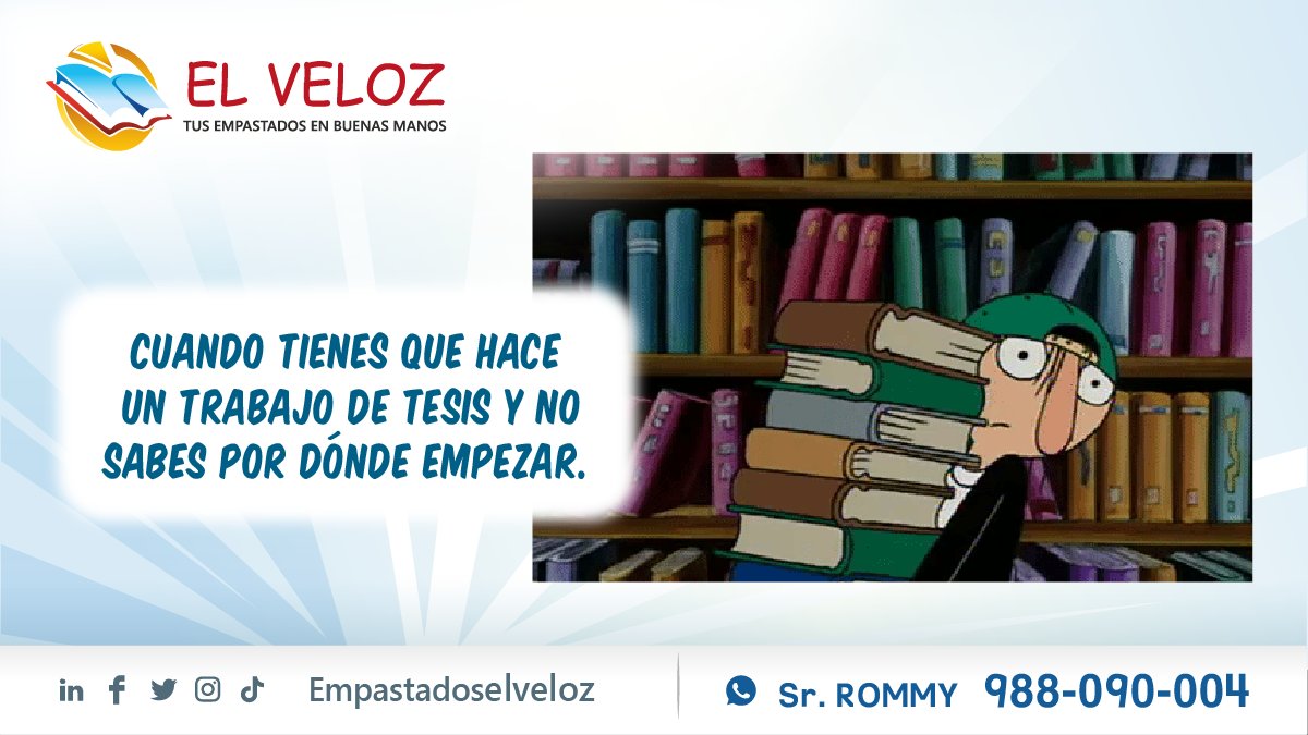 EmpElVeloz's tweet photo. Ven a Empastados El Veloz a empastar tu tesis. 📚
988-090-004 (Pregunta por el Señor ROMMY) Ubícanos en Jr. Azángaro N°1029 (Altura del Centro Cívico)
#Lima #Peru #Educación #ElVeloz #Empastado #Encuadernado #Portafolio #Agendas #CartasDeMenú #Libros #Tesis #LibrosDeContabilidad https://t.co/1W3Ru9Z4ff