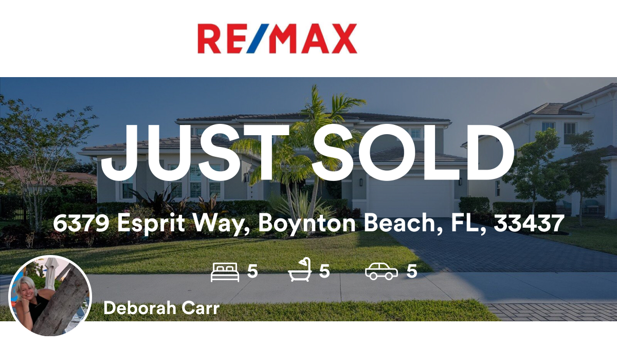 TheDeborahCarr's tweet photo. 🛌 5 🛀 5 🚘 5
📍 6379 Esprit Way, Boynton Beach, FL, 33437

My latest sale on RateMyAgent.
 0625639
https://t.co/rFLGnk2BYN

...
#ratemyagent #realestate #REMAX_Direct https://t.co/T9SyIMhjLn