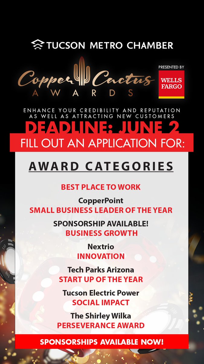 Do you own or work for a small business (less than 300 employees in Southern Arizona) or nonprofit that did great things in 2022? Get the recognition you deserve by filling out a free, quick, and easy Copper Cactus application TODAY! tucsonchamber.org/copper-cactus-…