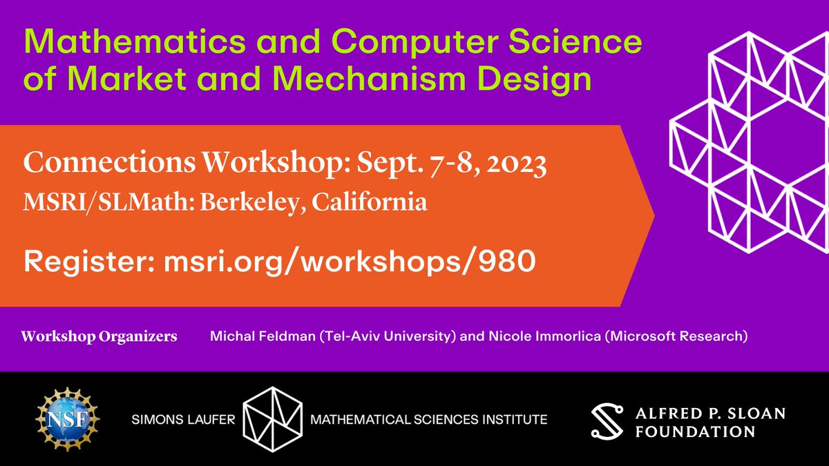 Register: Mathematics and Computer Science of Market and Mechanism Design Connections Workshop at @mathmoves in Berkeley. Join economists, mathematicians, computer scientists & others seeking to improve the design and operations of real-world marketplaces: msri.org/workshops/980
