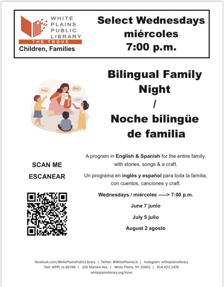 🚨Students and families @postroadschool 🚨Bilingual Family Night @WhitePlainsLib ⬇️⬇️