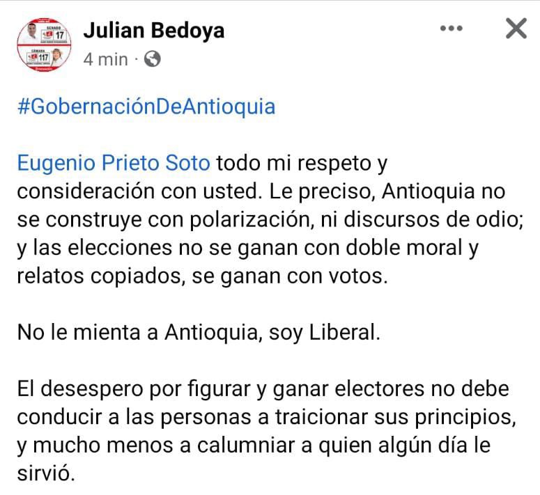 JulianBedoyaGo's tweet photo. @EugenioPrietoS #GobernaciónDeAntioquia

Eugenio Prieto Soto todo mi respeto y consideración con usted. Le preciso, Antioquia no se construye con polarización, ni discursos de odio; y las elecciones no se ganan con doble moral y relatos copiados, se ganan con votos. https://t.co/4KGiQfwvQ2