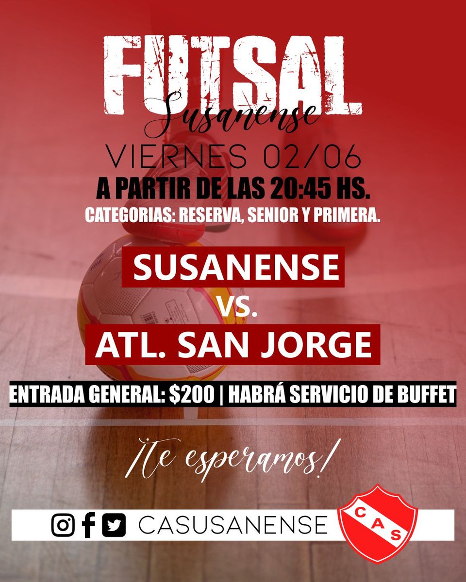 ⚽️ - FUTSAL: Este Viernes 2 recibimos a Atl. San Jorge.
Te esperamos a partir de las 20:45hs.
🔸️Habrá servicio de buffet.
🔸️Entrada general: $200
¡Vamos ROJO! 💪🏻❤️