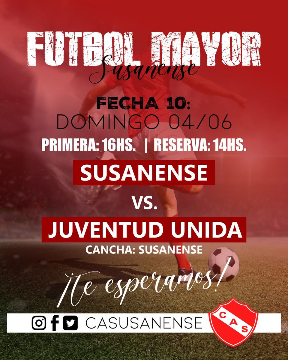 ⚽️ - FÚTBOL MAYOR: Éste Domingo 4, recibimos a Juventud Unida de Cañada Rosquin.
🔸️PRIMERA: 16hs.
🔸️RESERVA: 14hs.
¡Te esperamos para alentar al ROJO! 💪🏻❤️