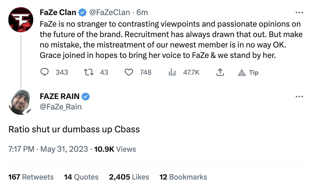 FaZe Clan released a statement siding with Grace, and FaZe Rain is pissed as a result. #DramaAlert