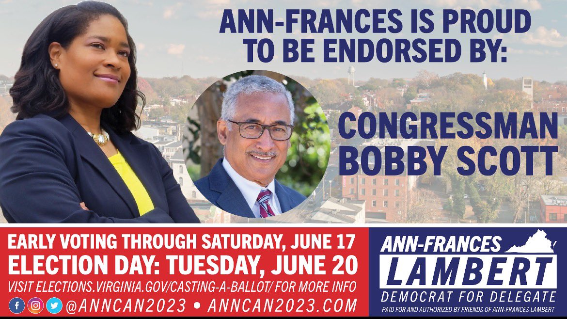 AnnCan2023's tweet photo. 🚨Endorsement Alert🚨
I’m proud to have the support of Congressman Bobby Scott in my campaign for Delegate. The dean of our delegation, Congressman Scott has a long history of fighting for our Democratic values. It’s an honor to have him standing with me. Vote #Lambert4Delegate https://t.co/8qtlo9Mrf9