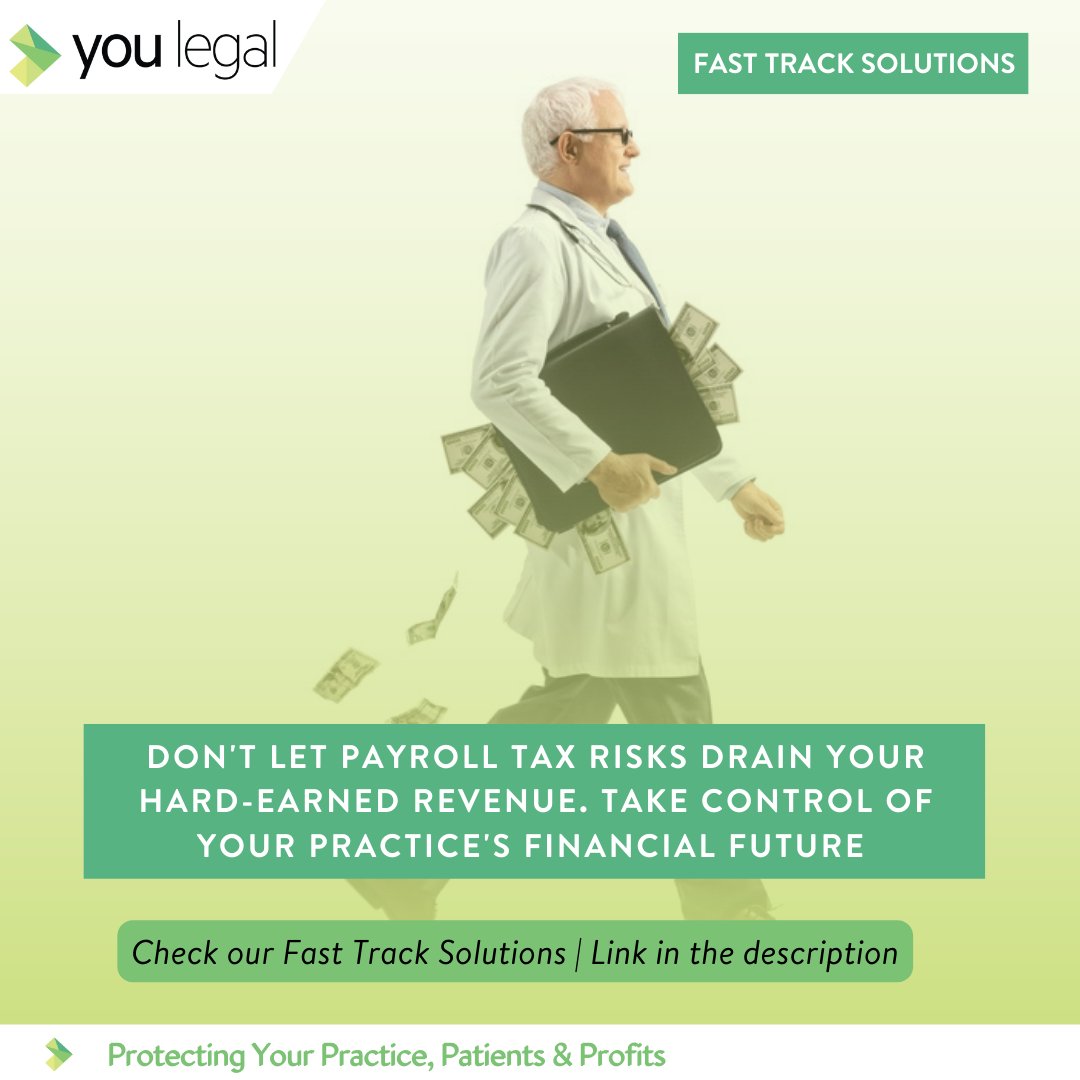 You_Legal's tweet photo. The flow of money within your practice plays a significant role in determining your payroll tax risk. 

Discover our Fast Track Solutions for Health Practices. Click the link below:
https://t.co/dsQ1lGZnRY https://t.co/0NioTIUcts
