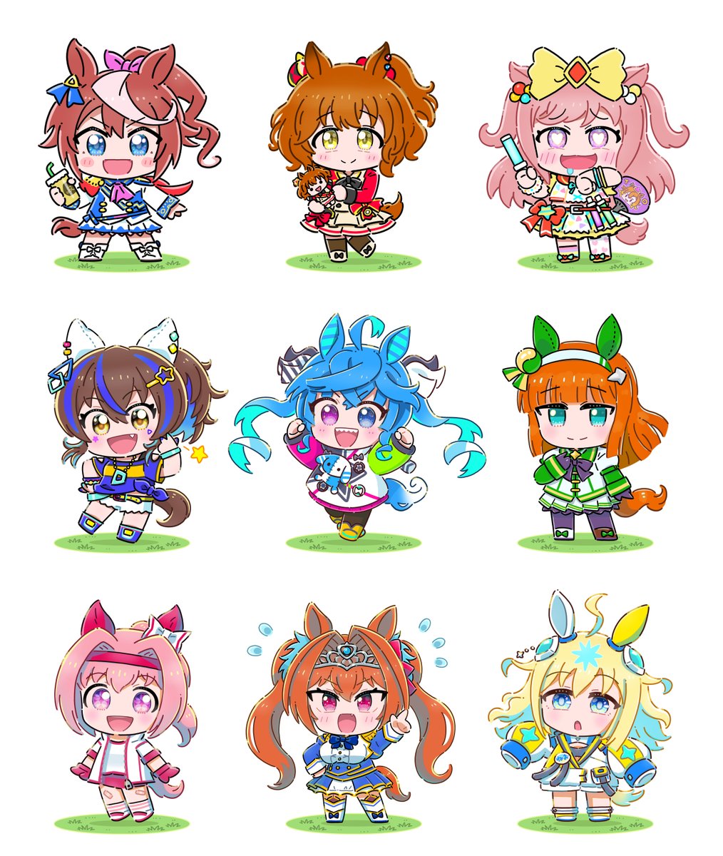 ダイワスカーレット(ウマ娘) ,ハルウララ(ウマ娘) ,サイレンススズカ(ウマ娘) ,トウカイテイオー(ウマ娘) ,ツインターボ(ウマ娘) 「SD・ちびキャラ大好きイラストレーターです グッズイラストのお仕事いっぱいしたい」|たかのあつのりのイラスト