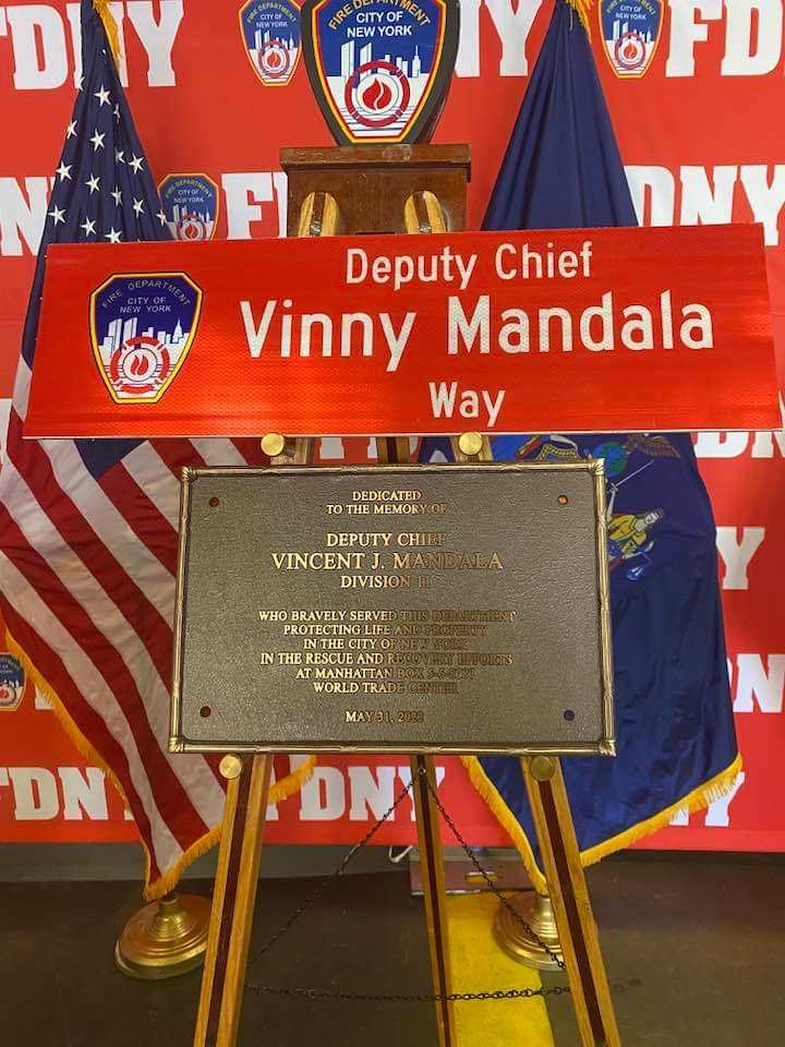 UFANYC's tweet photo. Today, the UFA attended the ceremony for a plaque dedication and street renaming of Tillary Street in Brooklyn at the quarters of E207/L110 Battalion 31 and the 11th Division for legendary Fire Chief Vincent "Vinny" Mandala, who was lost one year ago to WTC https://t.co/tiQYs0Nknr