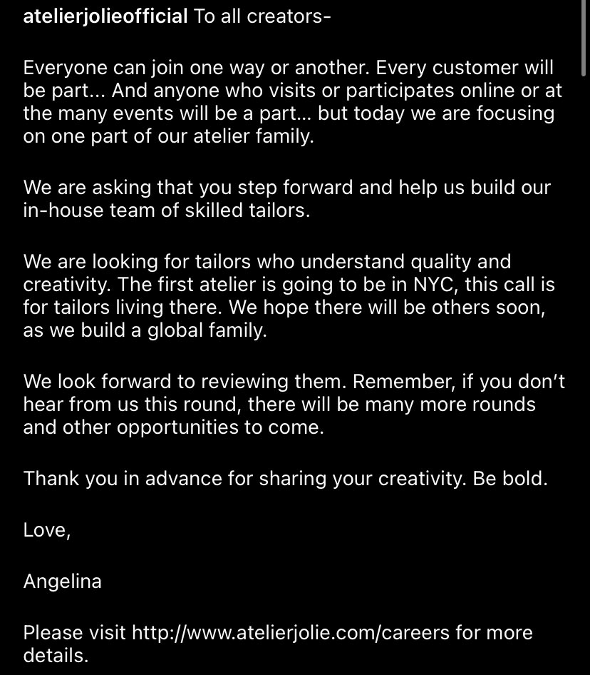 🆕 from Angelina Jolie and Atelier Jolie: they are looking for NYC based tailors to send in their portfolios. 

“The first atelier is going to be in NYC, this call is for tailors living there. We hope there will be others soon, as we build a global family.”