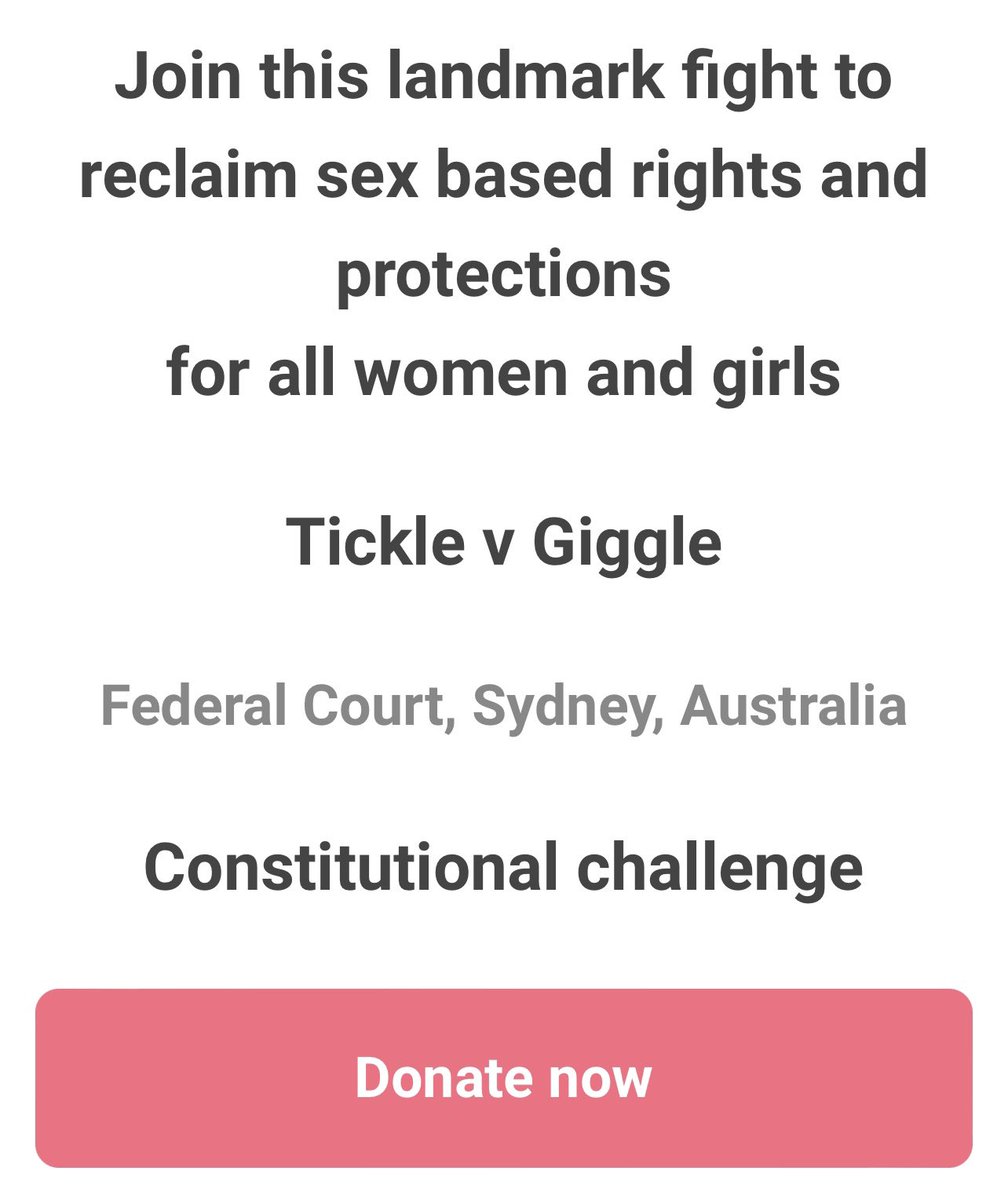 Tickle V Giggle is going to Federal Court.

I want to take this opportunity to say I’m not trying to ban trans spaces or women + “transwoman” spaces. I’m fighting for female spaces to also exist & ensure no woman is forced to see a man as a woman.

gigglecrowdfund.com