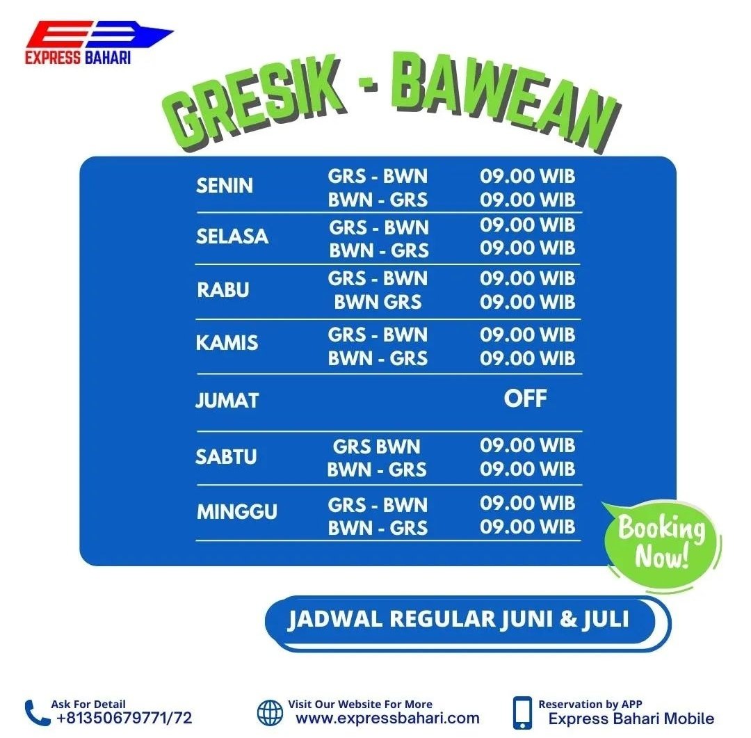 Update jadwal regular kapal Express Bahari bulan Juni dan Juli 2023.

Ayo Ke Bawean!