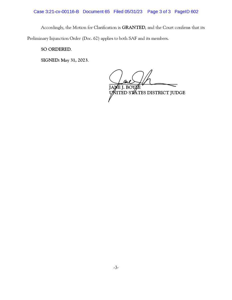 Judge Boyle has issued an order clarifying the scope of the injunction against ATF in our brace ban case. The injunction applies to SAF and its members.