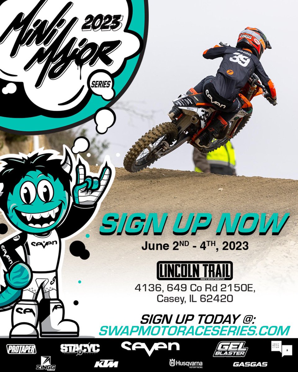 THIS WEEKEND // The Mini Major is BACK @LincolnTrail in Casey, IL 💥
Sign Up Now at SwapMotoRaceSeries.com
#Seven
#RedefiningLimits
