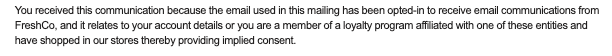 wisdomcheck's tweet image. This isn't how CASL works, Freshco. 

1. I did not opt in to your newsletter.
2. Scene cannot transfer my Opt-In to you because I am a member of their membership program. THEY can email me about you yes, but you cannot. 
3. Shopping in your store is not implied consent.