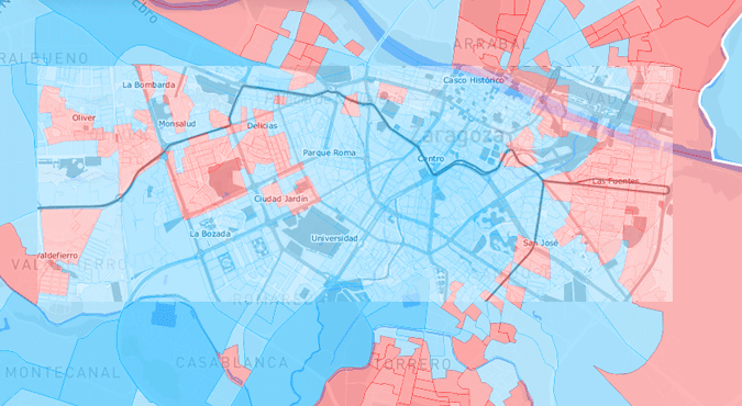 Si superpones el trazado del proyecto de la línea dos del tranvía y el mapa de Zaragoza con el partido más votado por zonas, se ve que los barrios menos céntricos prefieren a <a href="/lolaranera/">Lola Ranera</a>